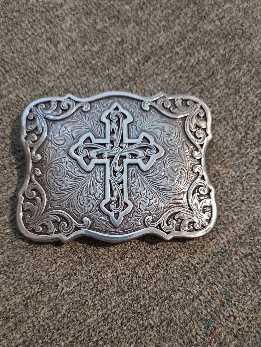 Ornate Cross Engraved Silver-Tone Belt Buckle